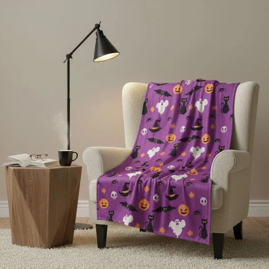 Fall themed blanket with harvest fleece design for autumn home textile and seasonal decor