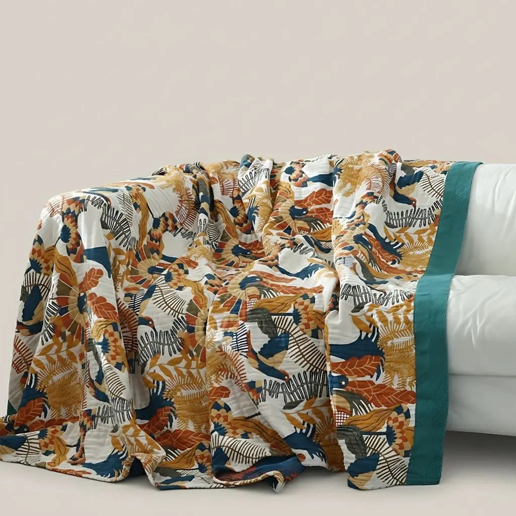 Cotton sofa blanket with botanical floral pattern five layer gauze weave breathable throw
