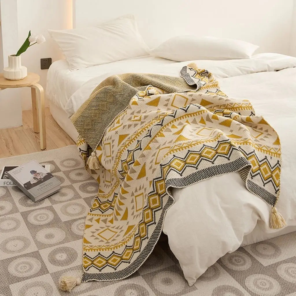 Acrylic bohemian geometric throw blanket chenille weave with decorative tassel trim
