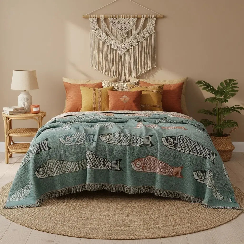 Fish pattern woven throw blanket home décor versatile cover reading chair interior design