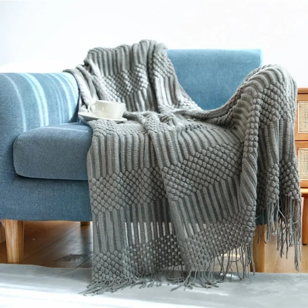 Scandi Fringe Nordic Knit Throw Sofa Blanket Inovessa