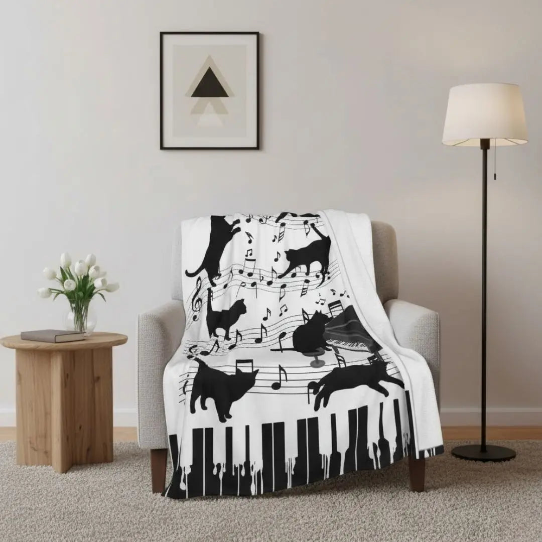 usic note and cat print flannel throw for living room or bedroom
