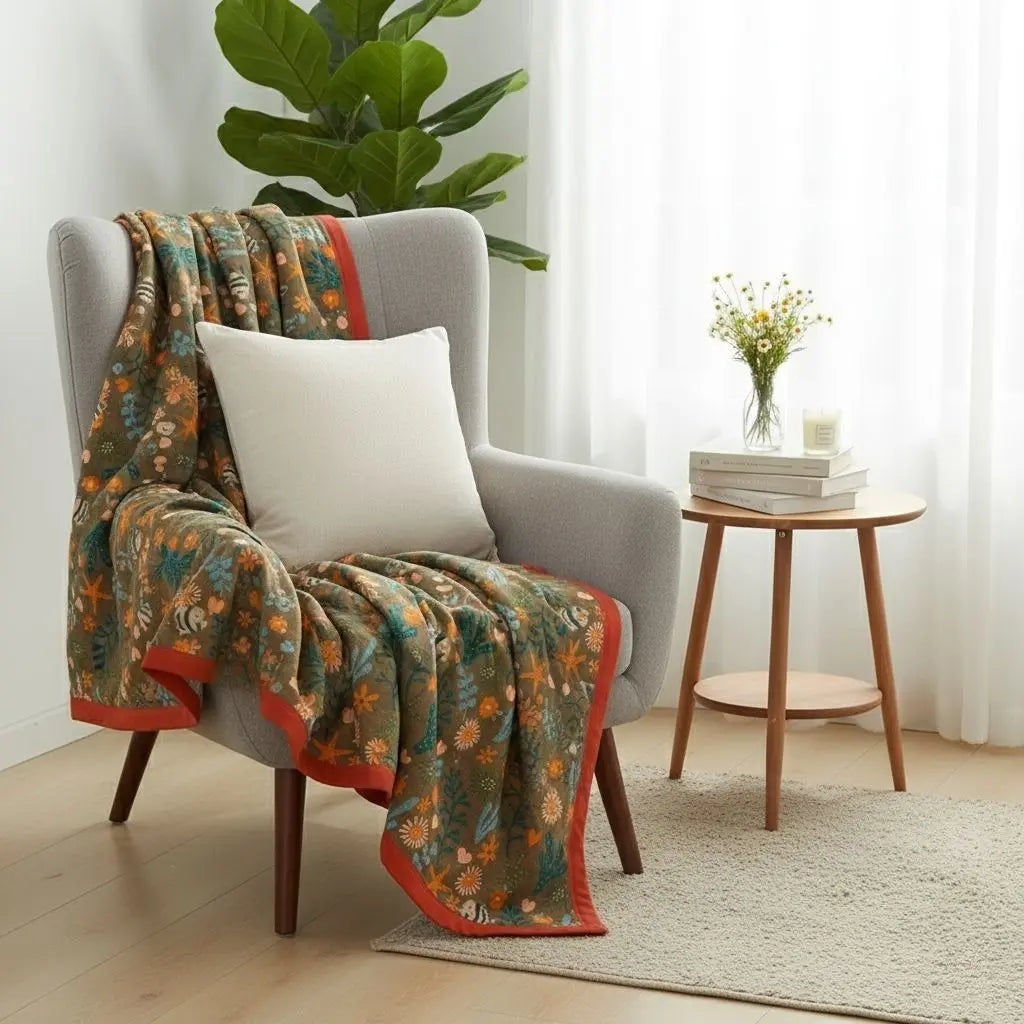 Printed gauze blanket made from cotton for breathable comfort with decorative botanical motifs