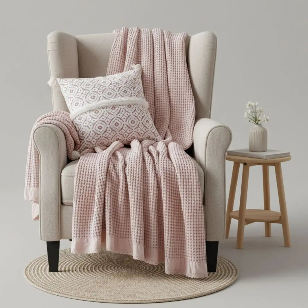 Waffle cotton throw blanket with lace trim for beds and sofas in neutral tones