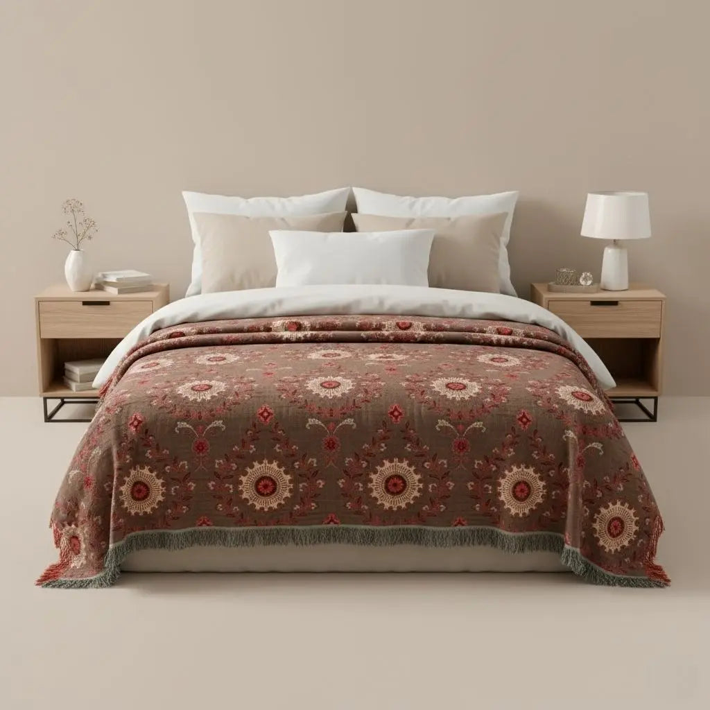Floral pattern cotton blanket featuring intricate woven design and decorative textile details