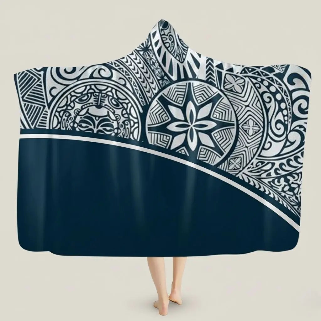 Hooded flannel blanket with bohemian turtle pattern in warm earth tones for cozy lounging