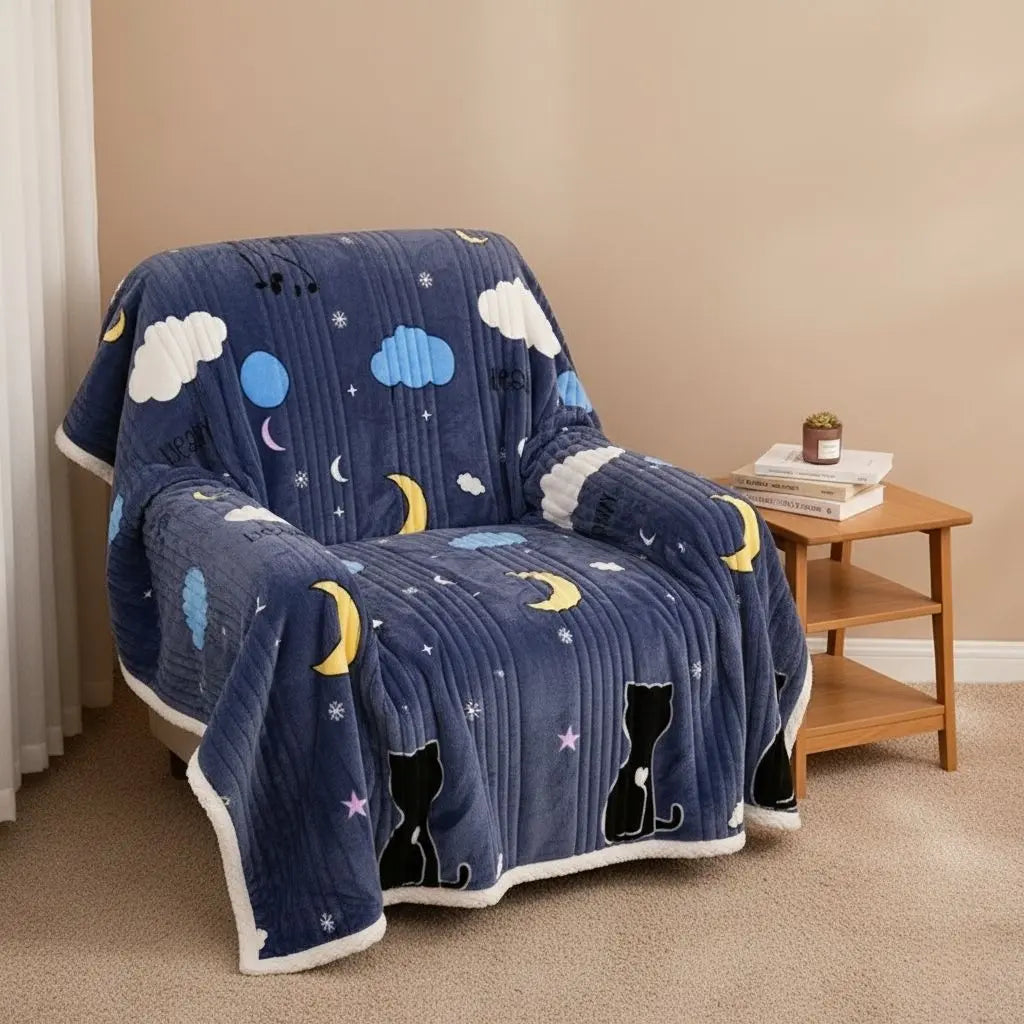 Cashmere blanket with floral pattern three layer construction for bedroom and living room comfort