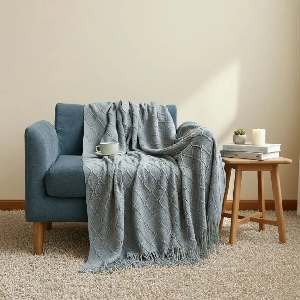 Nordic knit blanket with tasseled edges in soft cashmere texture for home décor