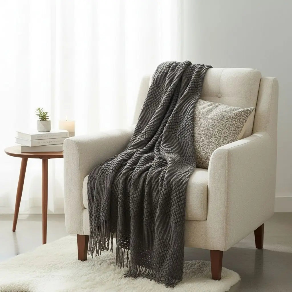 Textured polyester throw blanket with fringe edges for sofa and bed décor