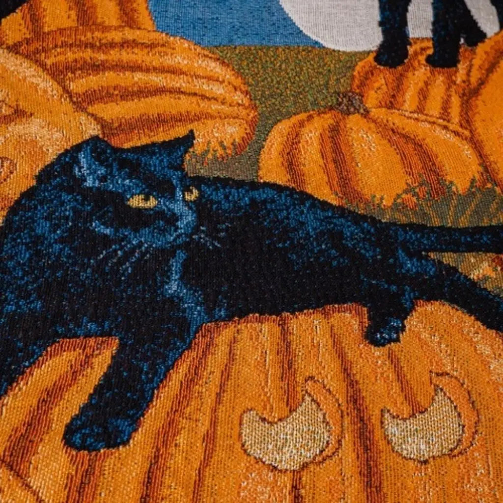Cat and pumpkin blanket design Halloween throw durable fabric cold wash safe cozy autumn bedding