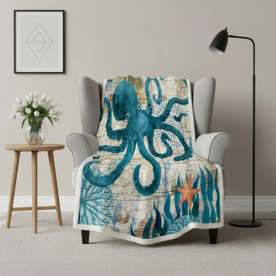 Coral fleece blanket with ocean print design for cozy home decor
