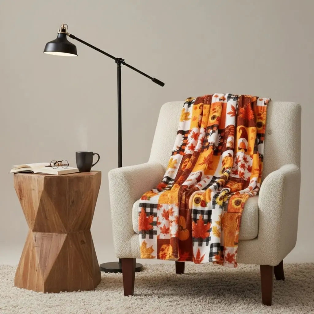 Autumn flannel blanket with harvest motifs in warm colors for fall home decor and cozy bedding