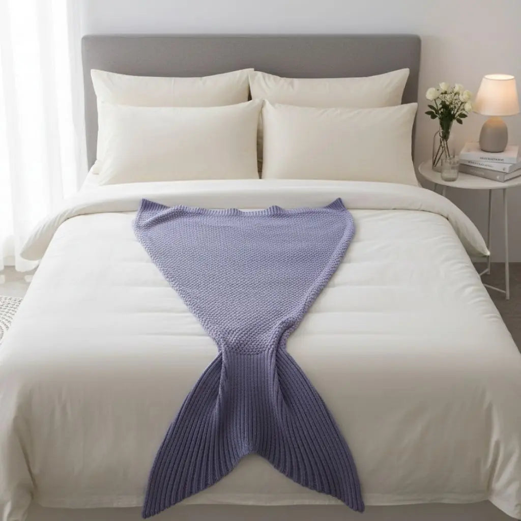 Tail shaped knit throw blanket in neutral color perfect for bedroom and living room decor