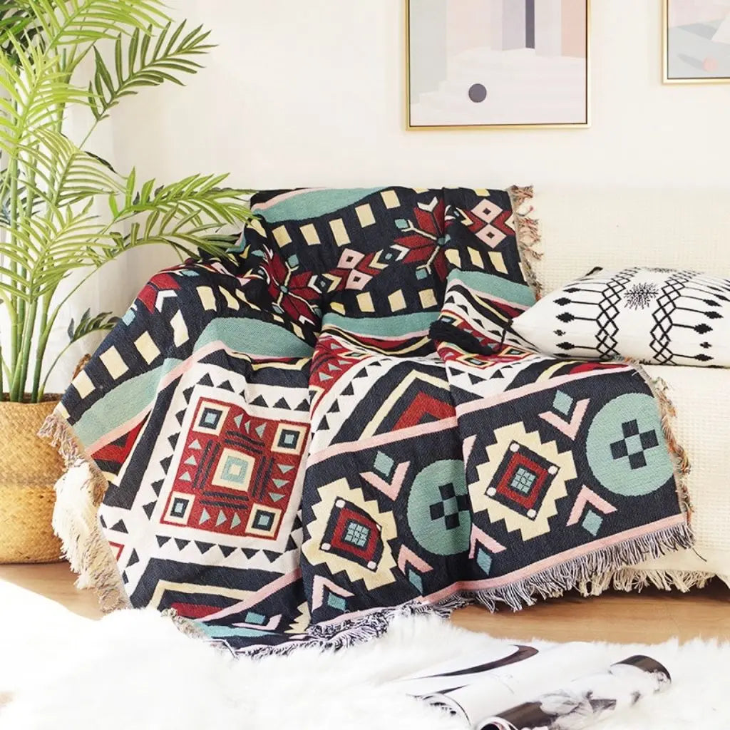 Boho geometric blanket outdoor throw multipurpose cotton blend seating cover versatile fabric
