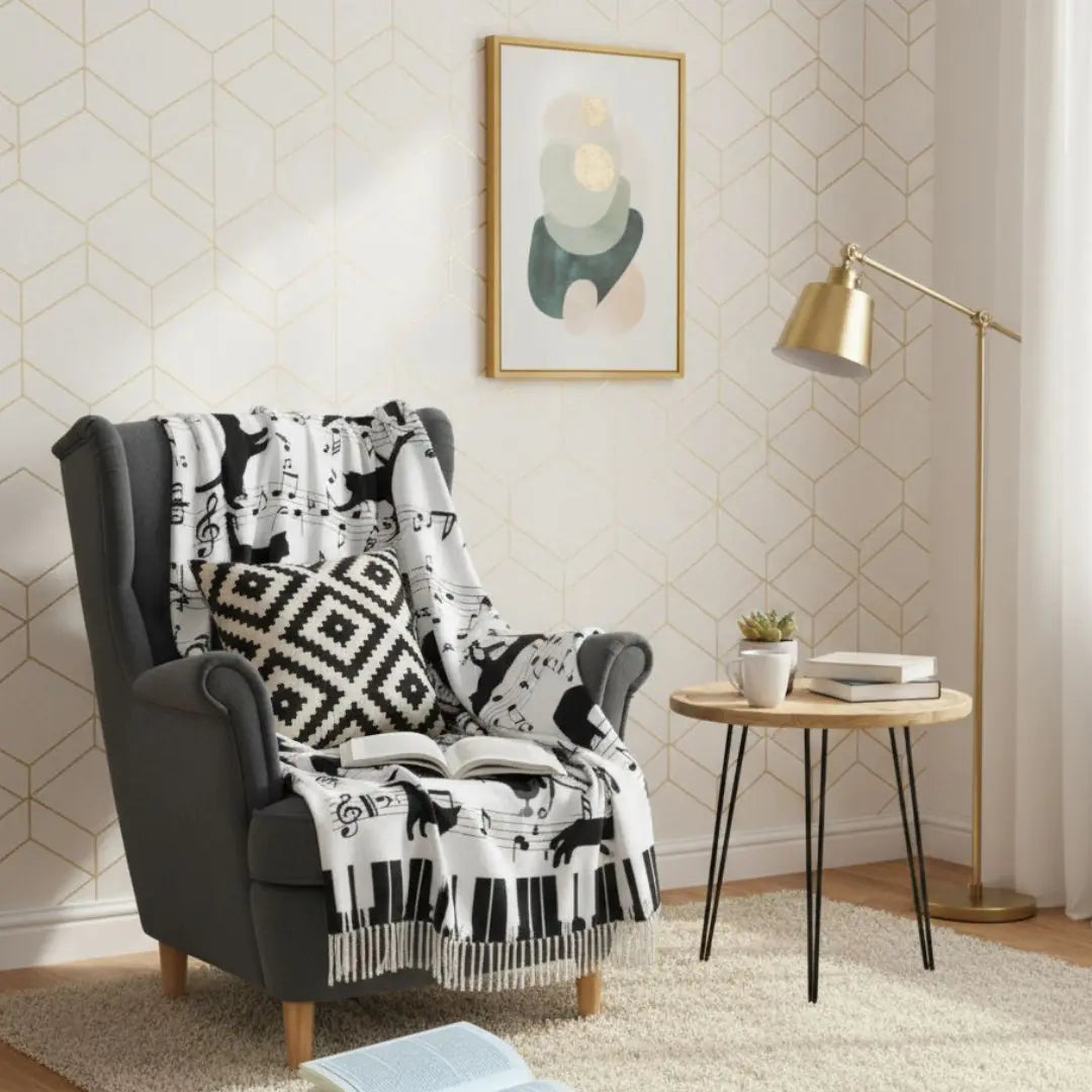 Flannel blanket with piano keyboard and cat motif for cozy spaces