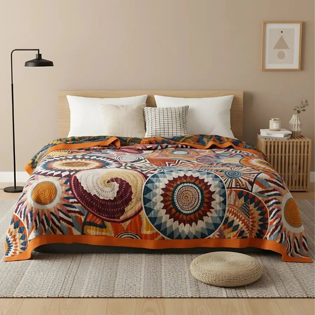 Cotton double layer blanket with bold geometric pattern multicolor design for bed and sofa