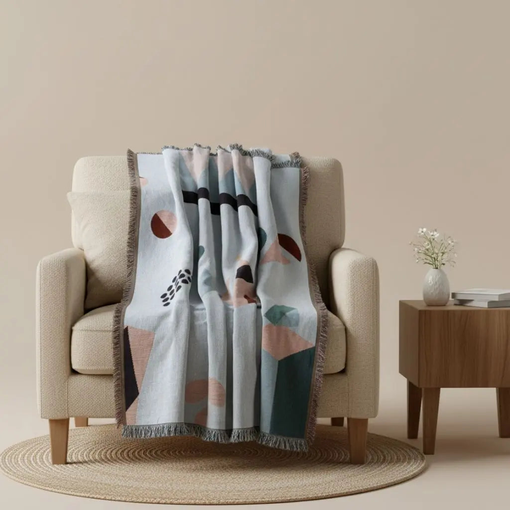 Lightweight geometric cotton blend blanket with breathable soft texture