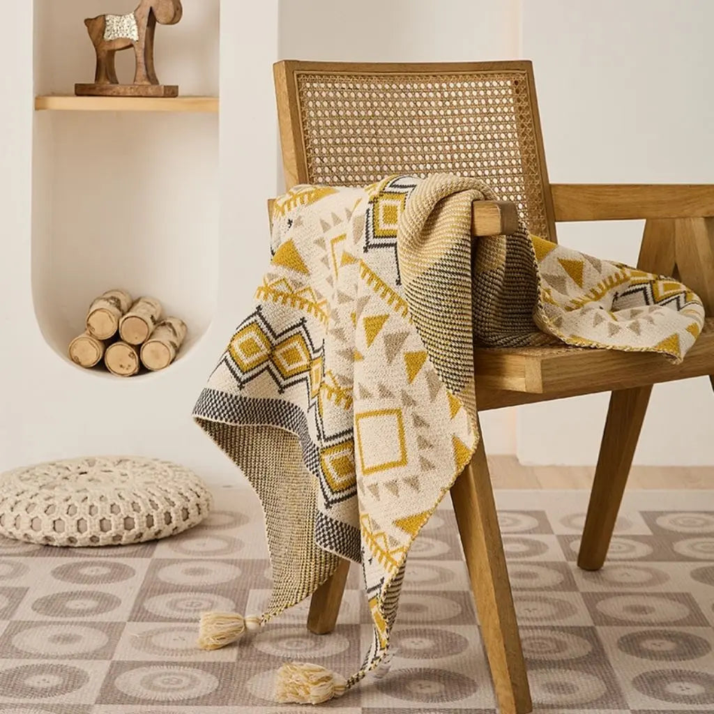 Chenille geometric pattern throw blanket with tassel edges soft acrylic material for sofa bed