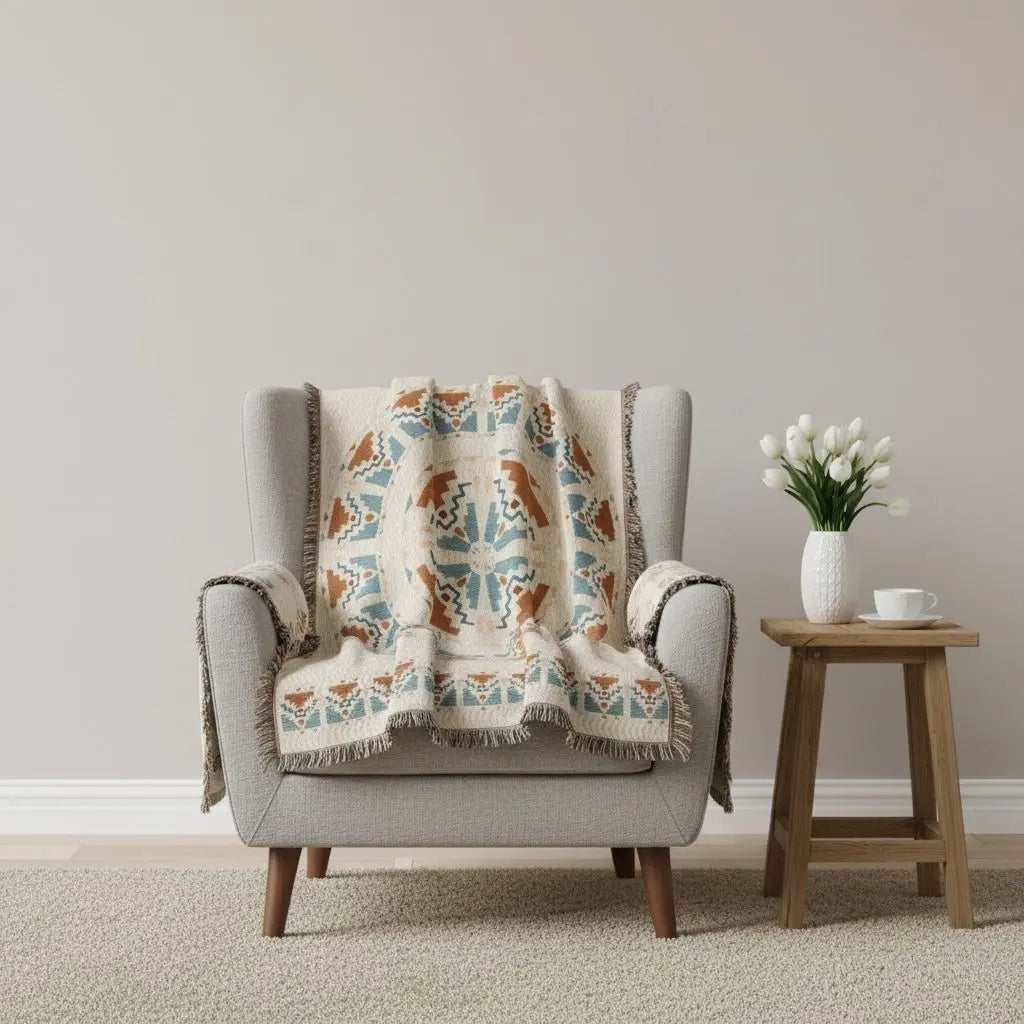 Woven moon blanket with tarot spiritual design and celestial artwork for mystical bohemian home decor