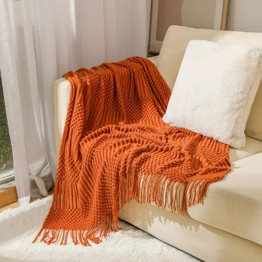 Scandi Fringe Nordic Knit Throw Sofa Blanket Inovessa