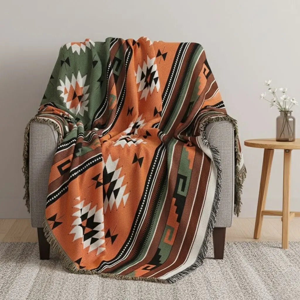 Boho geometric outdoor blanket with vibrant patterns cotton polyester blend for picnic and home use