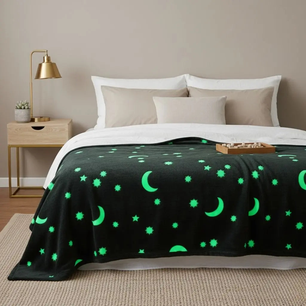 Machine washable glow blanket folded to show lightweight portable design for travel use