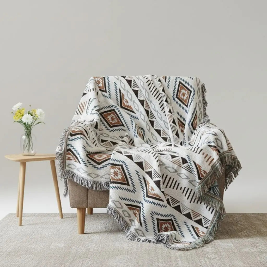 Geometric cotton polyester throw blanket with fringe detail for sofa furniture protection and décor