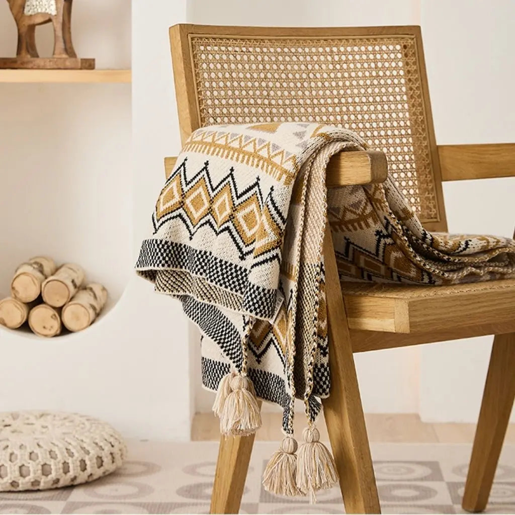 Geometric pattern bohemian throw blanket acrylic chenille with tassel trim for home