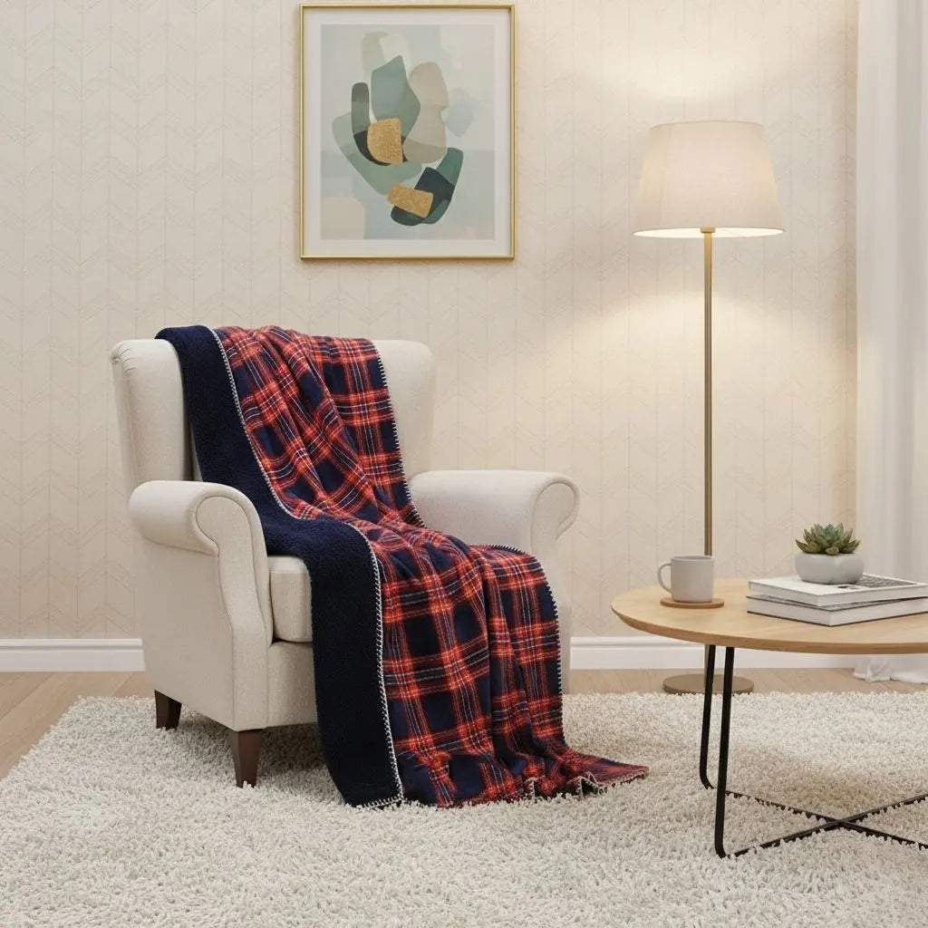 Red plaid flannel fleece throw blanket with coral lining for sofa and bed