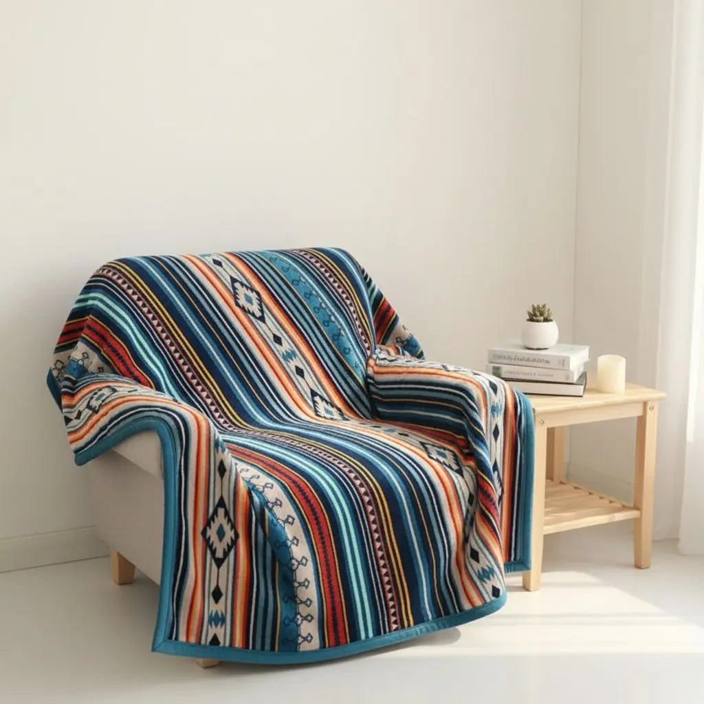 Geometric throw blanket in coral fleece with bold colorful pattern for sofa and bed comfort
