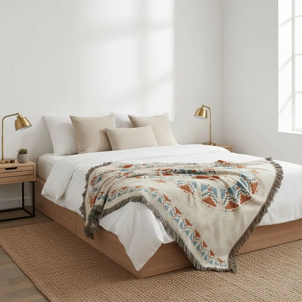 Tarot moon throw with celestial mystical design and woven spiritual texture for bohemian home styling