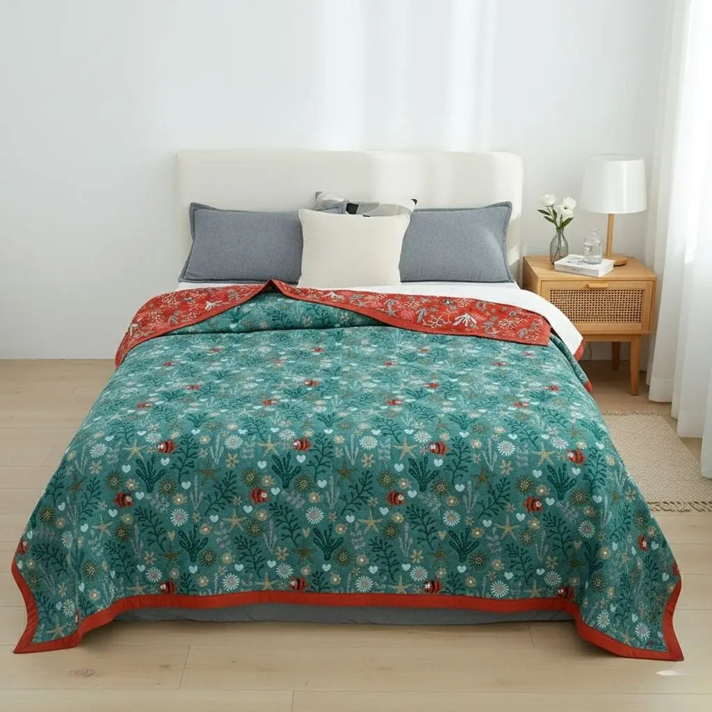 Vibrant cotton throw with breathable gauze construction for comfortable bedroom décor and warmth