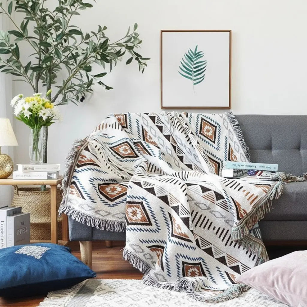 Abstract geometric pattern sofa throw in cotton blend fabric with decorative fringe edges