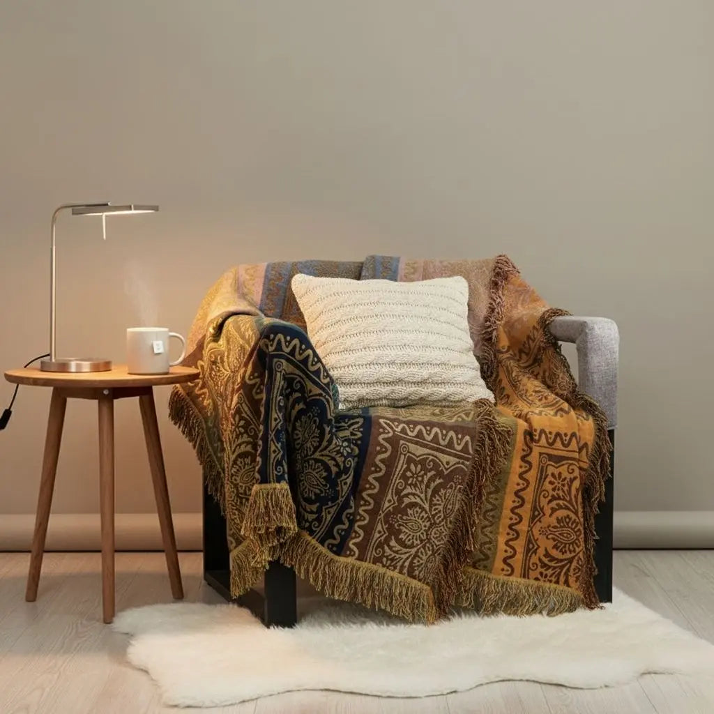 Fringe throw blanket with ocean fish design perfect for coastal home styling