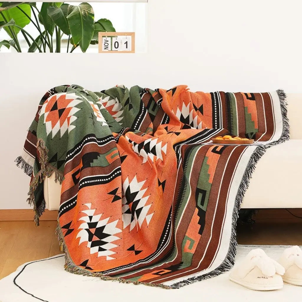 Geometric pattern outdoor throw blanket versatile sofa cover cotton polyester durable fabric