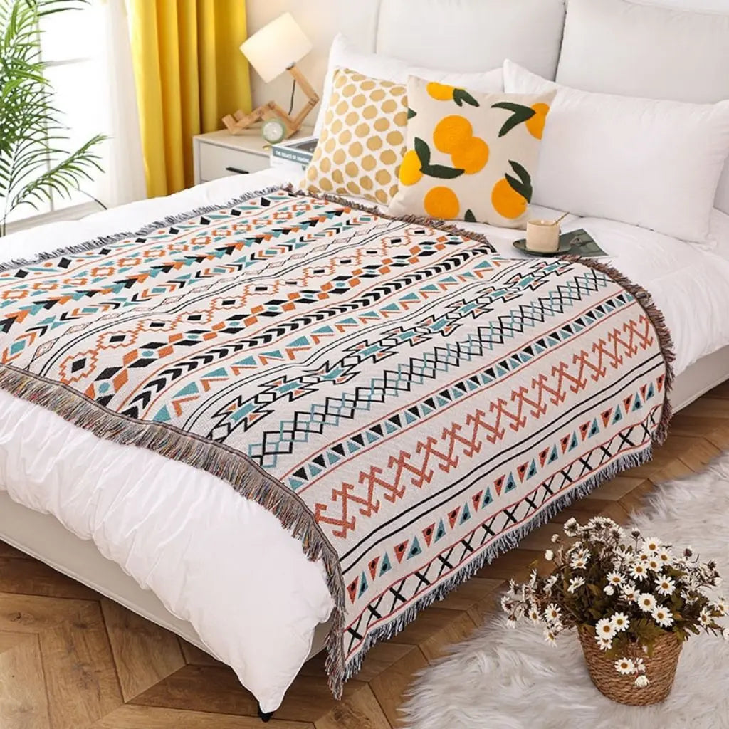 Geometric woven throw blanket with modern pattern ideal for sofa and decorative use