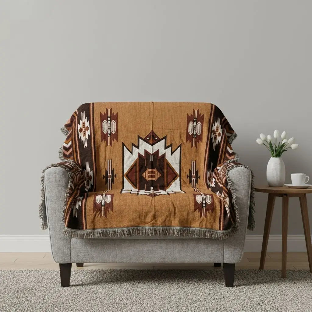 Woven tarot blanket featuring mystical moon phases and intricate celestial artwork for spiritual home decor