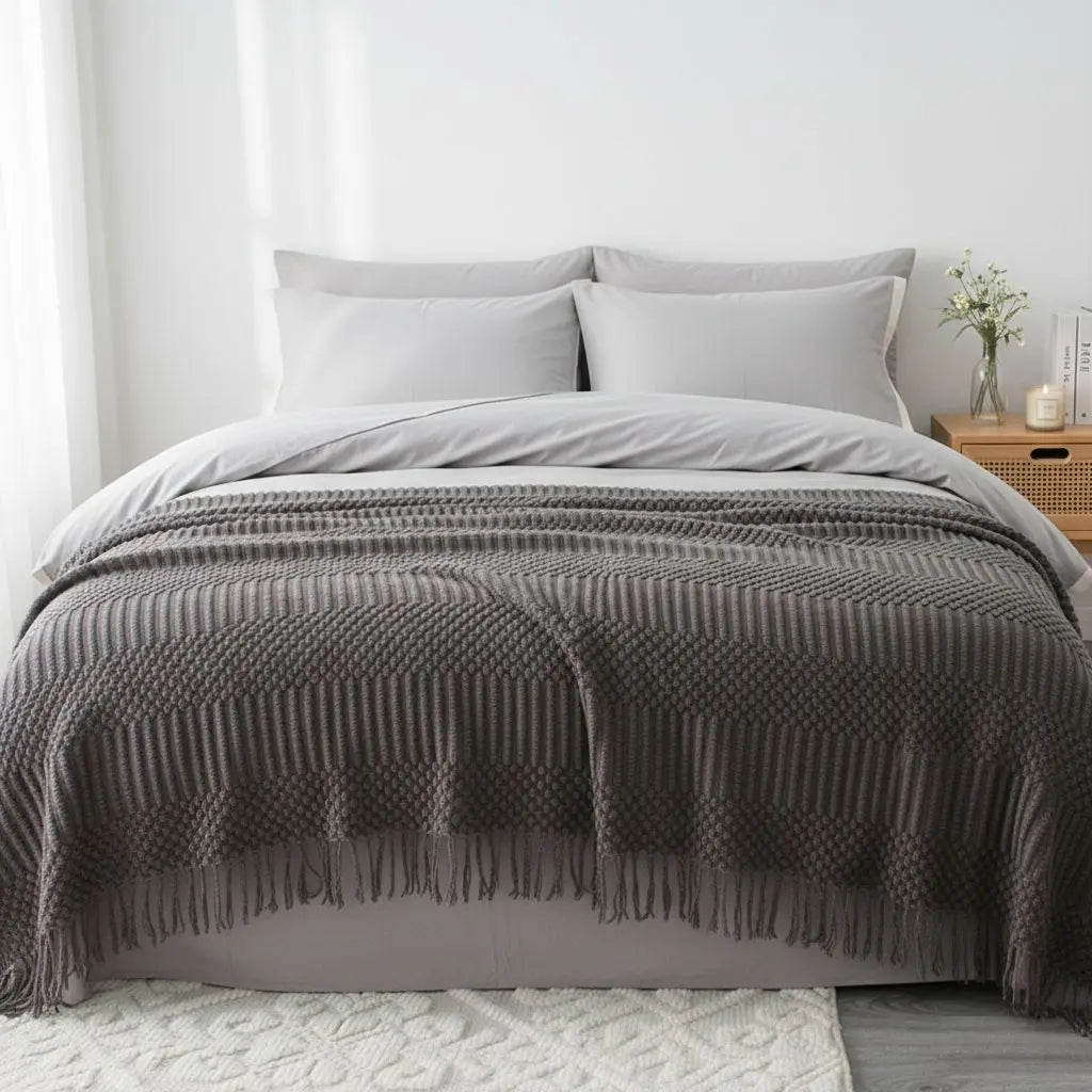 Lightweight polyester throw with rich textured weave and decorative fringe trim
