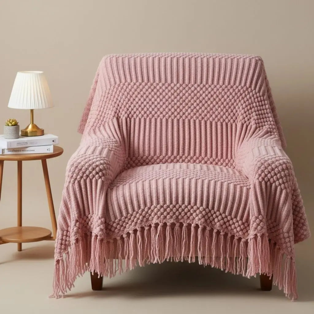 Scandi Fringe Nordic Knit Throw Sofa Blanket Inovessa