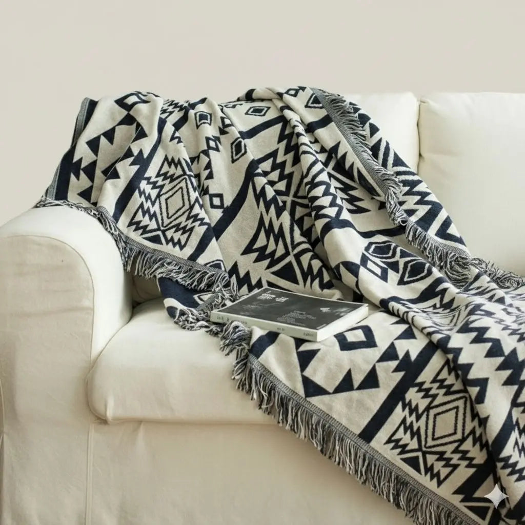 Woven cotton throw blanket featuring bold geometric design for modern home décor