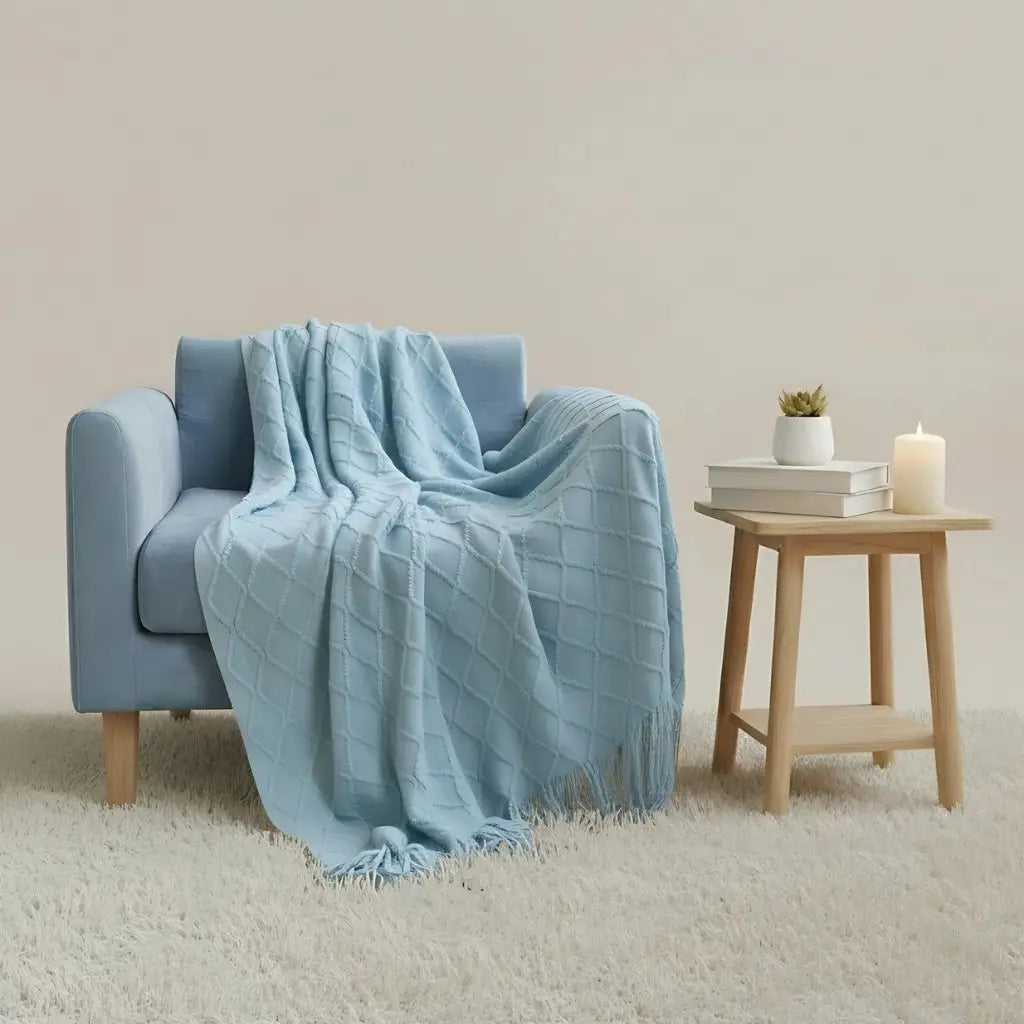 Cashmere knit blanket with intricate weave design for decorative home use