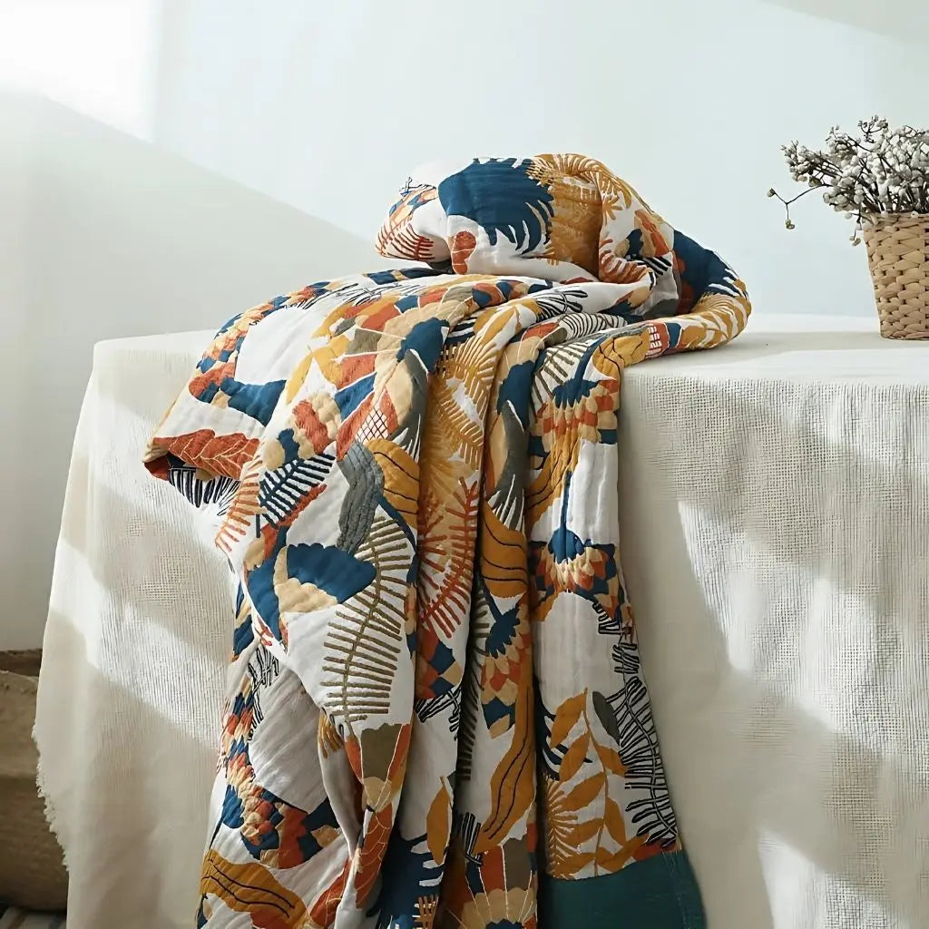 Five layer cotton blanket sofa throw botanical design breathable weave modern accent