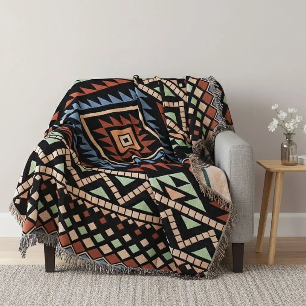 Multipurpose boho picnic blanket outdoor dining geometric design portable cotton blend throw