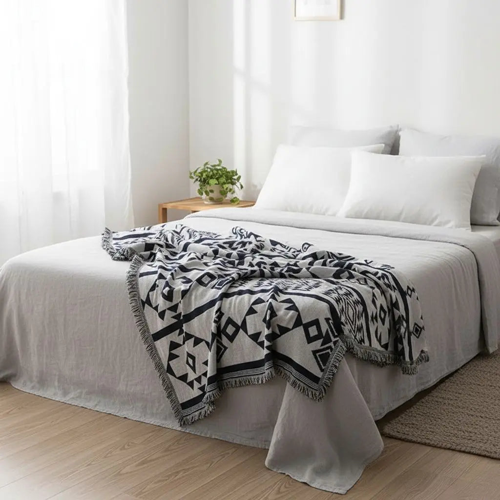 : Cotton throw blanket with geometric textured weave pattern for layering and comfort