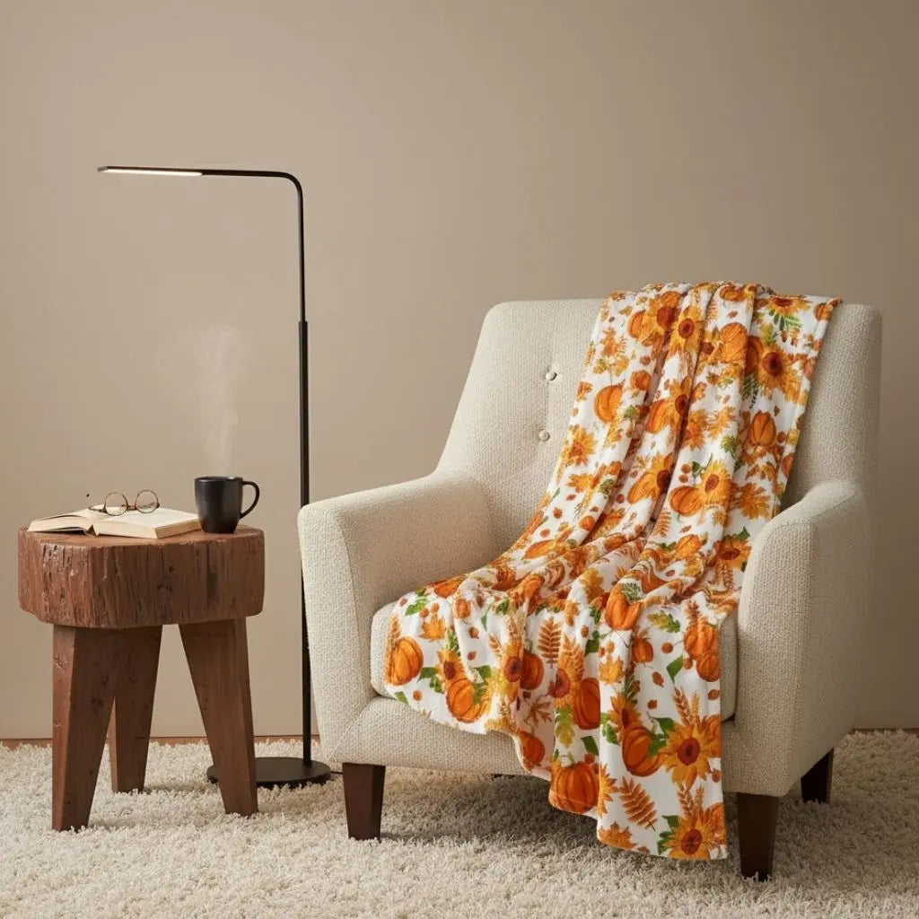 Autumn flannel throw with seasonal patterns for fall decor and cozy home bedding comfort