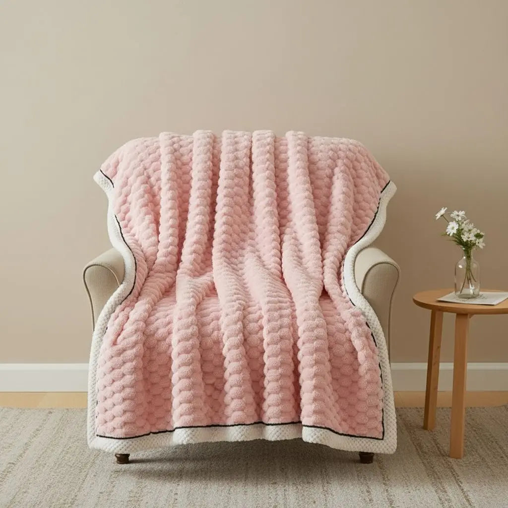 Double layer velvet blanket in neutral tone with soft polyester construction for year round comfort