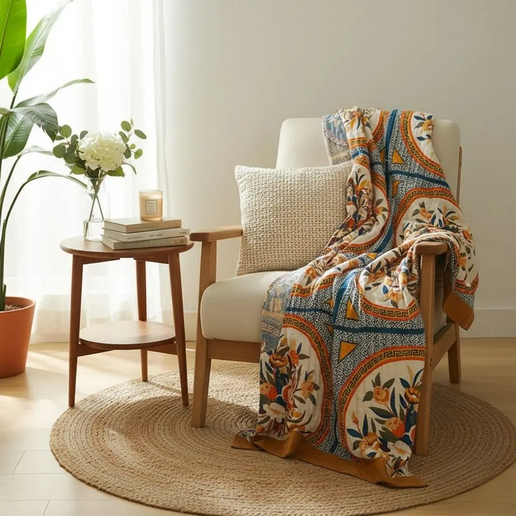 Cotton gauze blanket with five layer weave and vibrant floral print for bedroom comfort