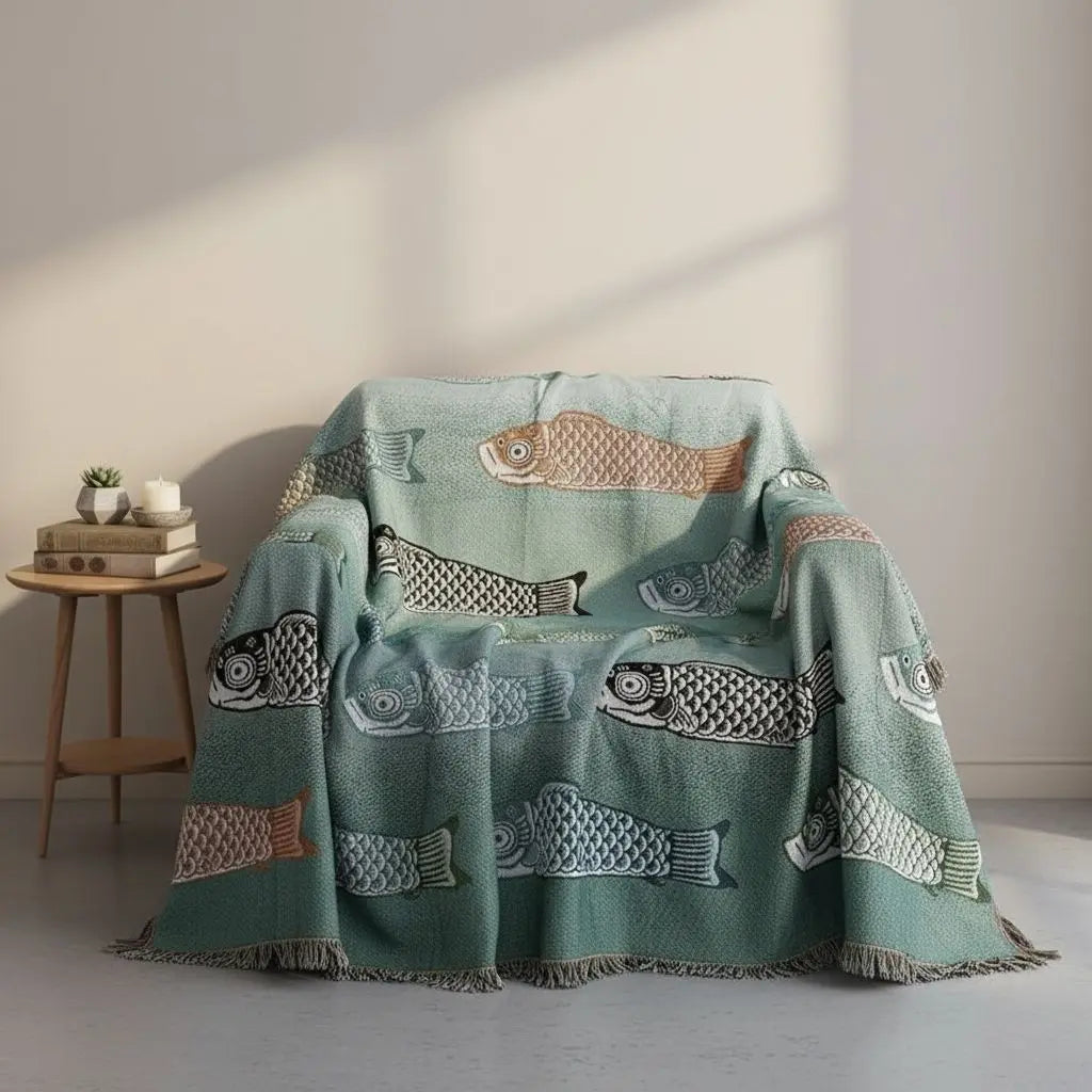 Woven koi pattern throw blanket soft cotton blend fish design sofa cover living room décor