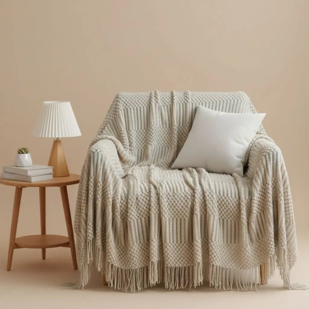 Scandi Fringe Nordic Knit Throw Sofa Blanket Inovessa