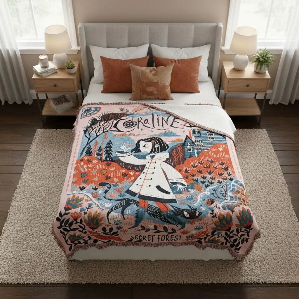 Textured weave camping blanket with artistic design suitable for wall tapestry display